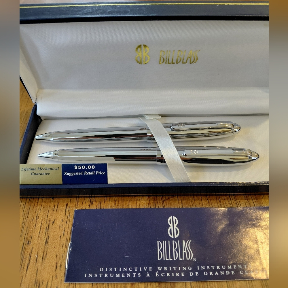 Chrome Bill Blass Pen and Pencil Set Vintage With Box
